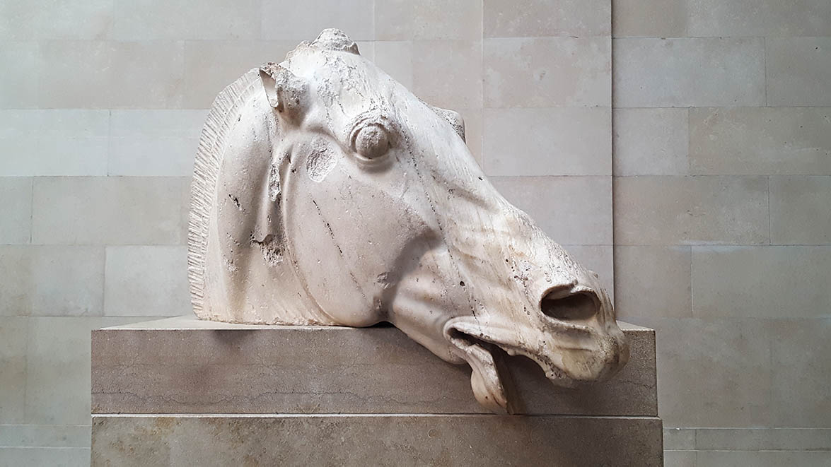 Parthenon Sculptures formally known as the Elgin Marbles displayed in the British Museum - Horses head on plinth
